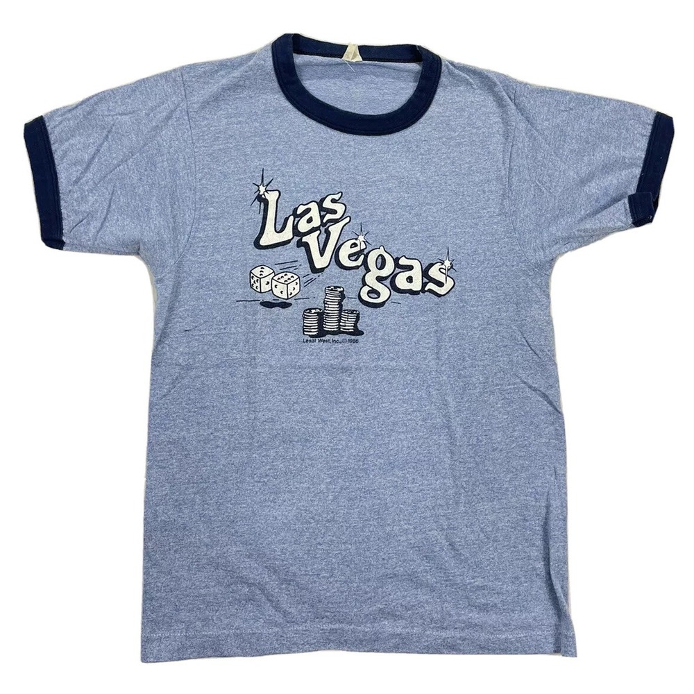 VTG 80s Las Vegas Ringer Tshirt Mens Small Single Stitch Blue Marled 1986
